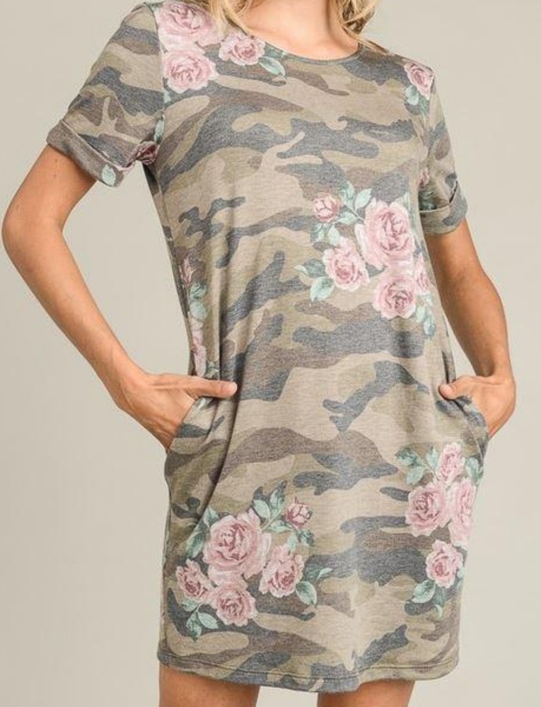 Camo Floral Short Sleeve Dress With Pockets